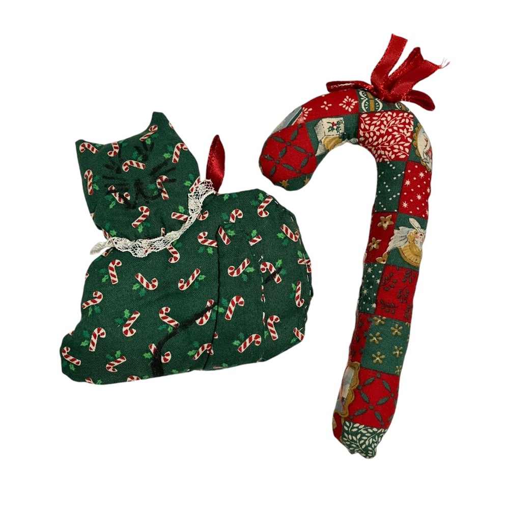 Vintage Handmade Fabric Plush Kitty Cat & Candy Cane Christmas Ornaments